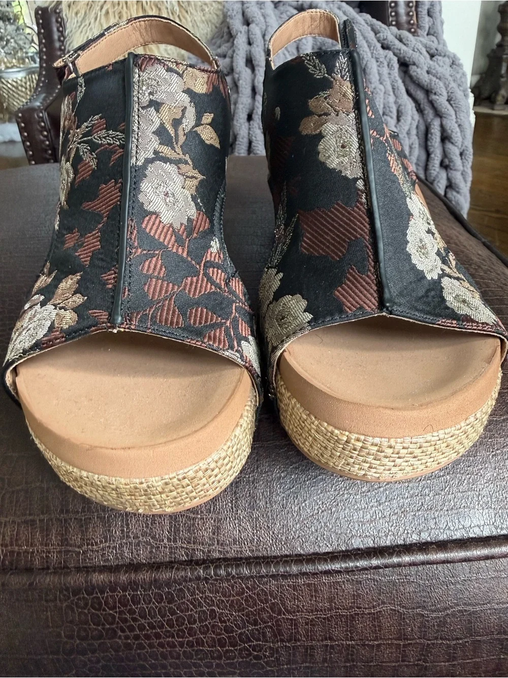 Corkys Black Floral Espadrille Wedge Sandals